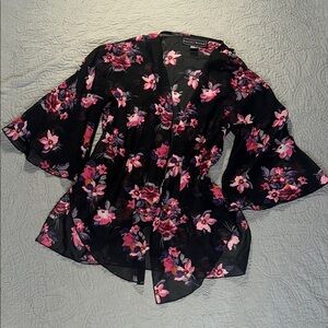 Polly & Esther Black and Pink Floral Tie Front Blouse